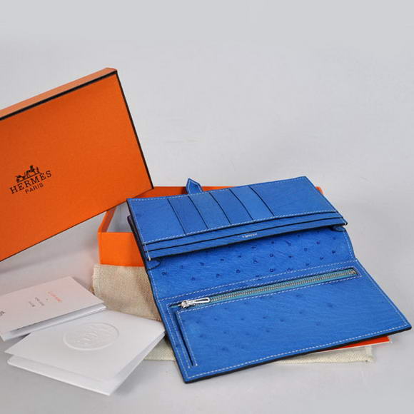 High Quality Hermes Bearn Japonaise Ostrich Leather BI-Fold Wallet H208 Blue Fake - Click Image to Close